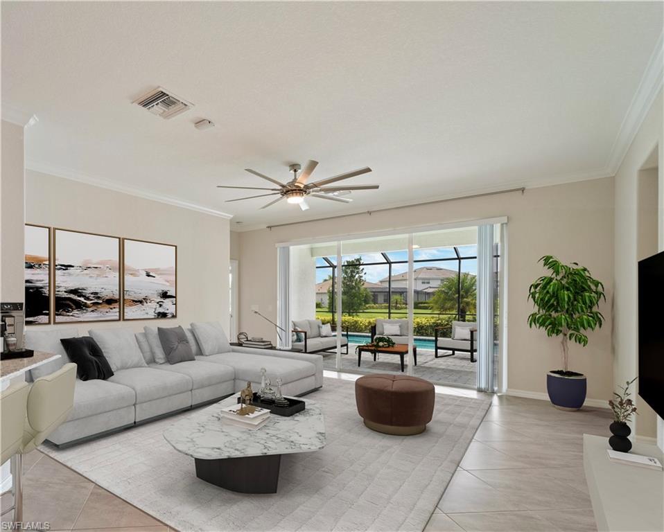 2385 Orchard Street Naples, FL 34120 - Photo 1 of 41 Virtually Staged Living room featuring crown molding high ceilings and ceiling fan.