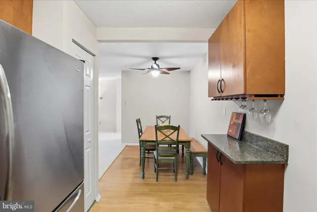 a view of a dining room with furniture
