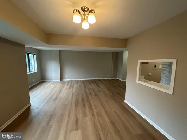 a view of empty room with wooden floor