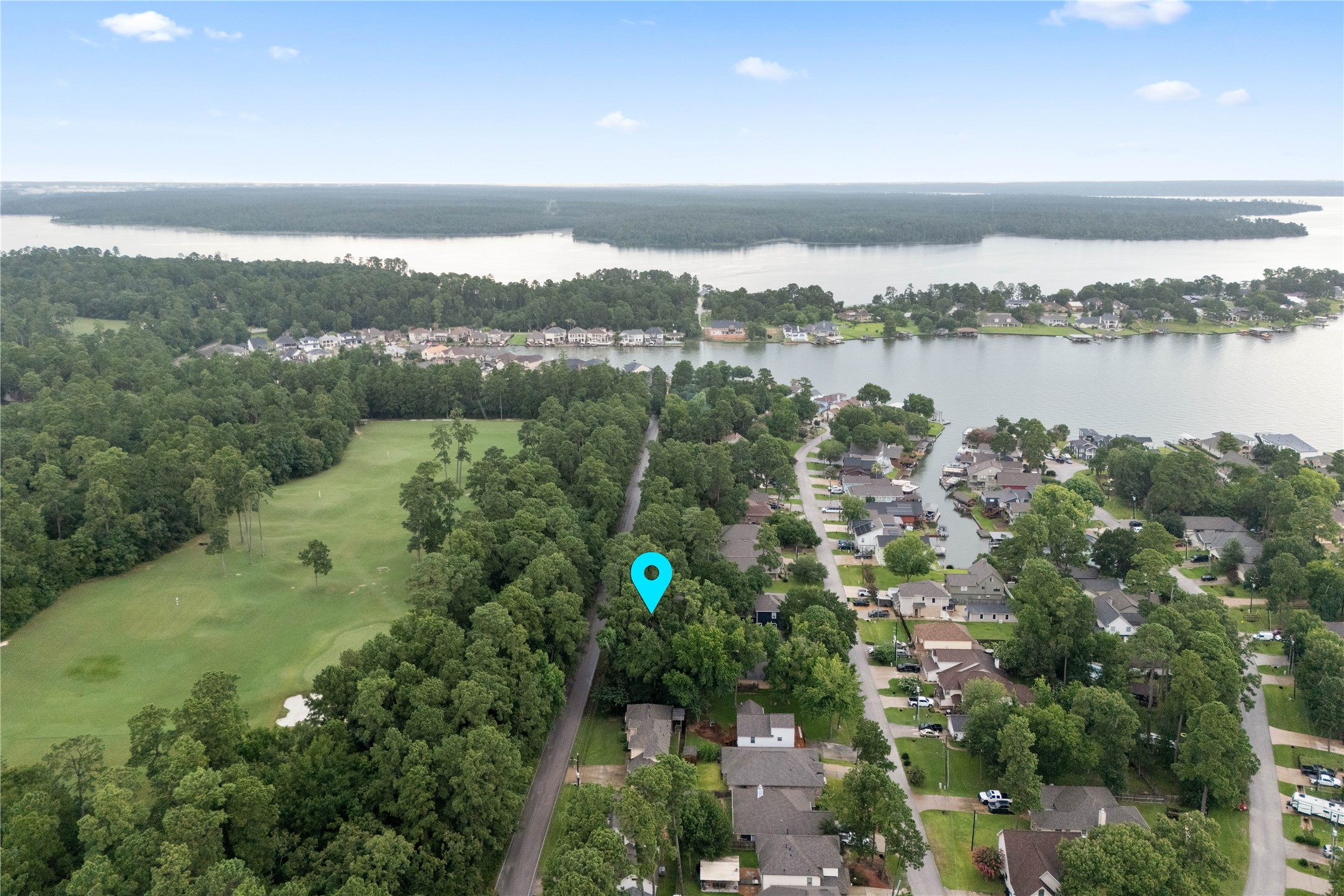 an aerial view of green landscape with trees houses and lake view