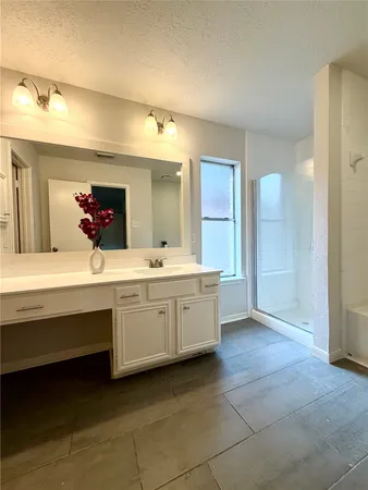 a bathroom with a double vanity sink a mirror and a bathtub