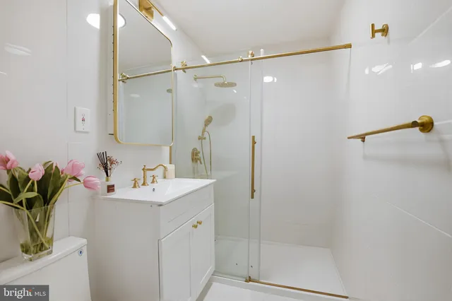a bathroom with a sink a mirror a glass door shower and vanity