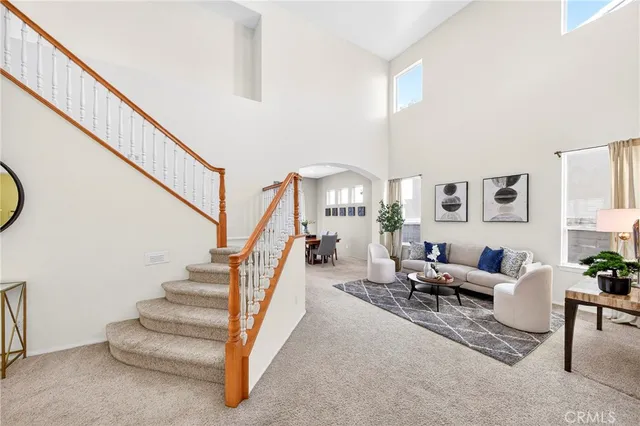 a living room with furniture potted plant and a mirror