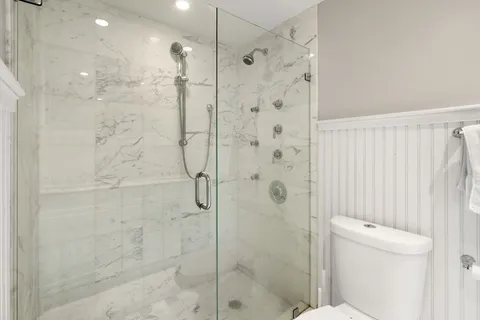 a bathroom with a shower and a toilet
