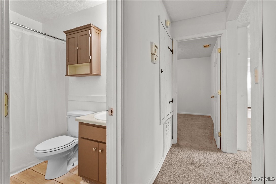 11021 Cosby Mill Road Quinton, VA 23141 - Photo 22 of 43 Bathroom with a textured ceiling, vanity, and toil