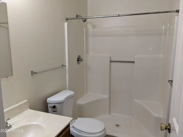 a bathroom with a shower a toilet and a sink