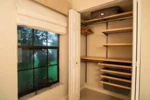 a bathroom with a glass shower door