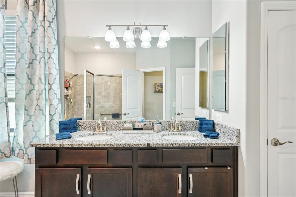 12627 Vander Way New Port Richey, FL 34654 - Photo 49 of 77 a bathroom with a granite countertop sink a large mirror and a wooden cabinets