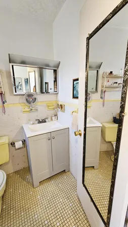 a bathroom with a sink toilet and mirror