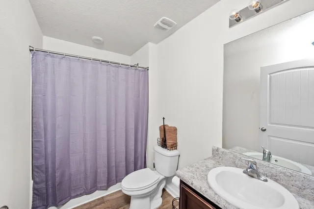 a bathroom with a sink a toilet a mirror and shower curtain