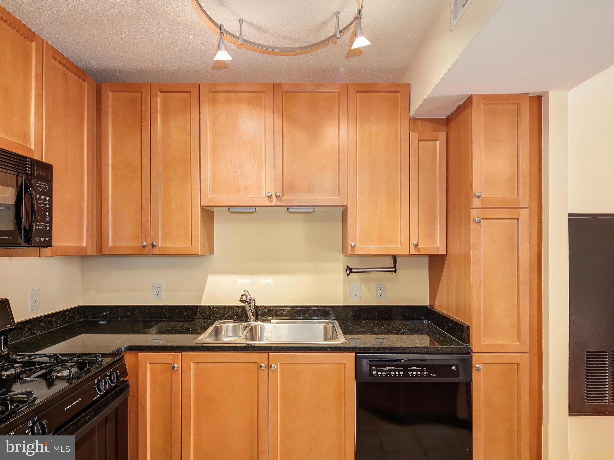 851 North Glebe Road, Unit 921 Arlington, VA 22203 - Photo 13 of 29 a kitchen with granite countertop a sink a stove cabinets and black appliances