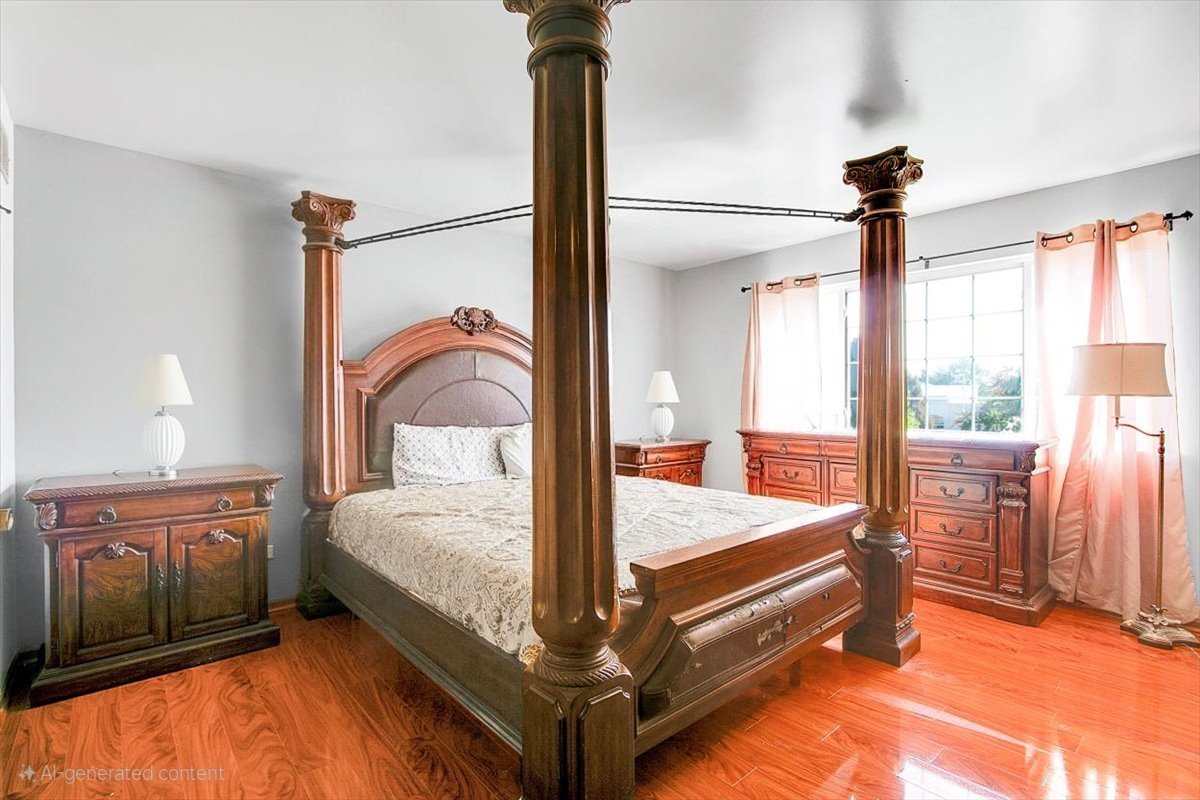 663 Primrose Lane Matteson, IL 60443 - Photo 18 of 32 a bedroom with a bed and a chandelier