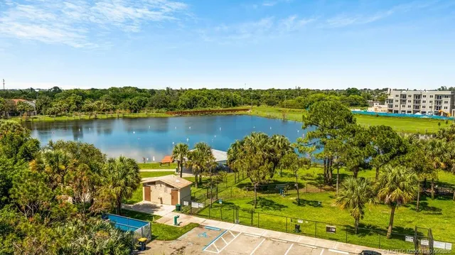 a view of a lake with a city