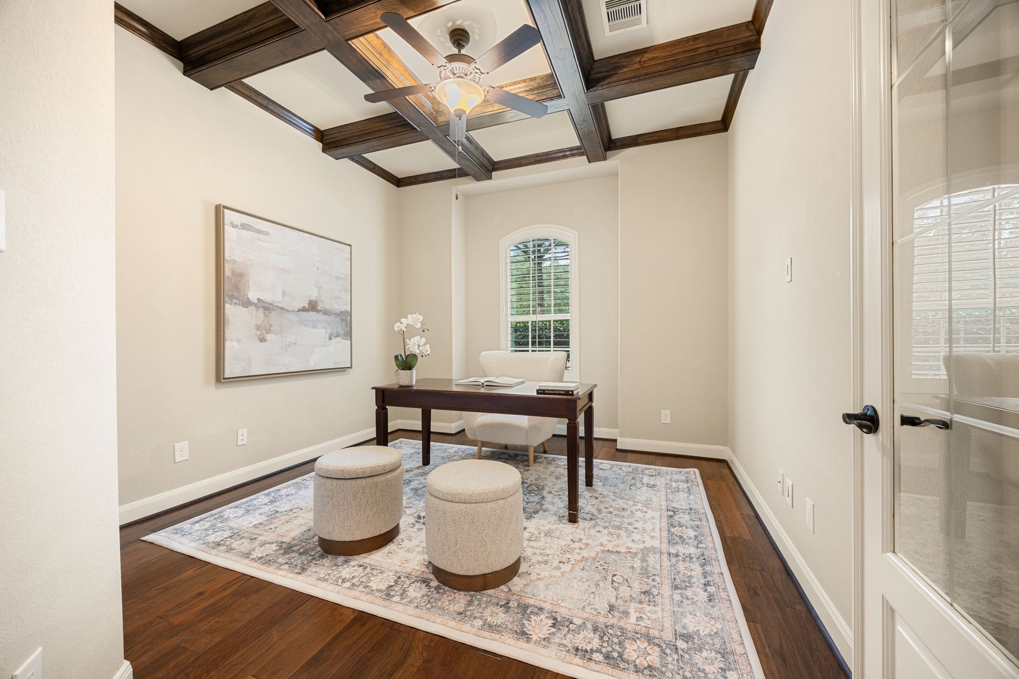 3306 Reston Landing Lane Katy, TX 77494 - Photo 6 of 50 Private home office at the front of the home, featuring French doors and distinctive wood-beamed ceiling for added character and charm.