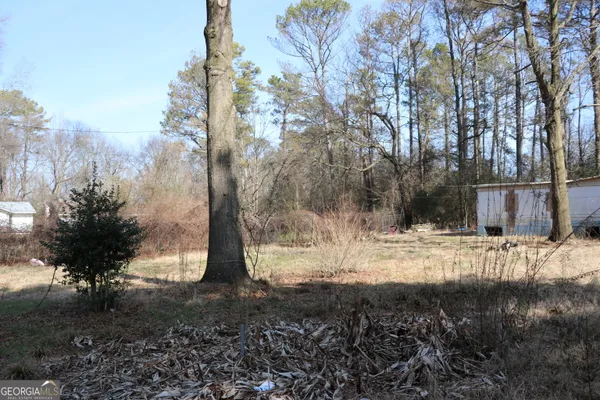 a view of a yard with plants and trees