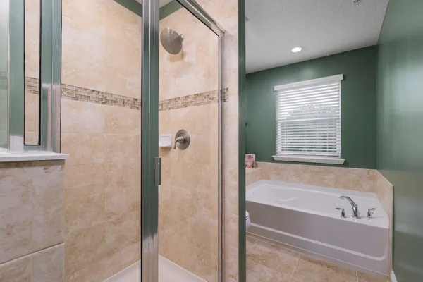 a bathroom with a bathtub and a shower
