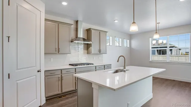 a kitchen with a sink a counter space appliances and cabinets