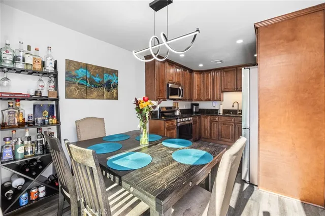 a view of a dining room with furniture