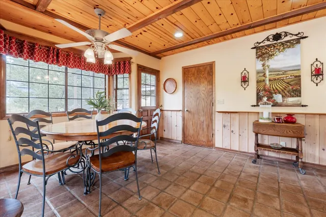 a dinning table and chairs in a room