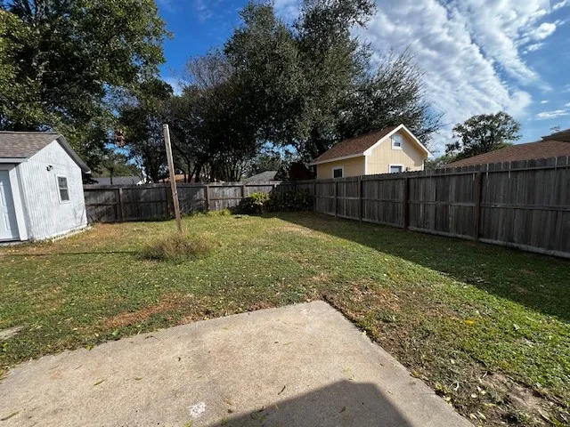a view of a backyard with a tree