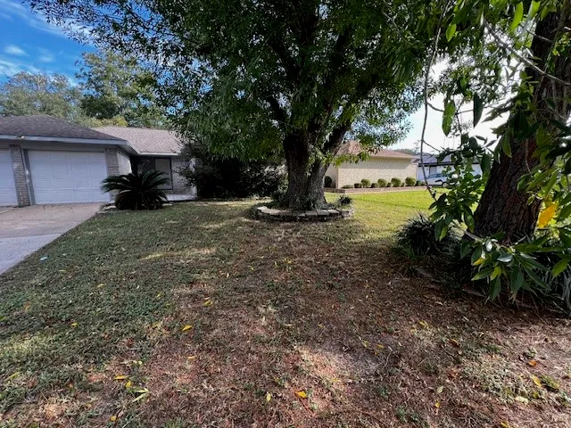 a front view of a house with a yard garage and tree