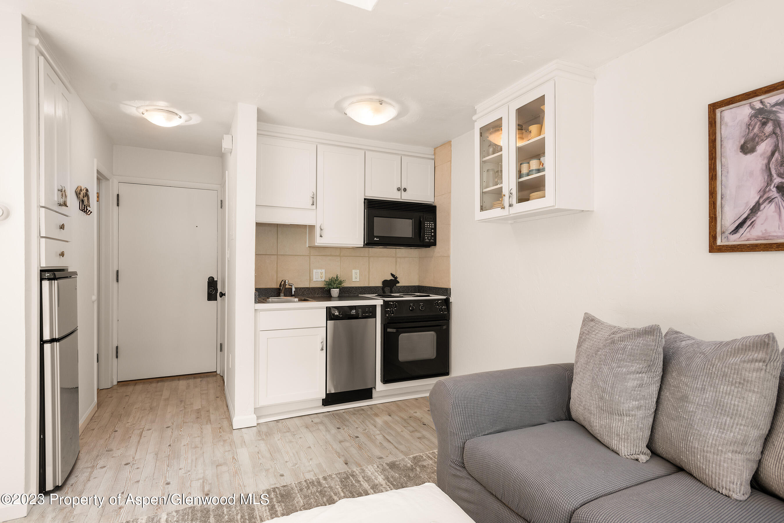 725 East Main Street, Unit 305 Aspen, CO 81611 - Photo 4 of 9 a living room with stainless steel appliances kitchen island granite countertop a refrigerator and a stove top oven
