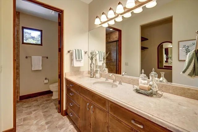 a bathroom with a sink a vanity and a mirror