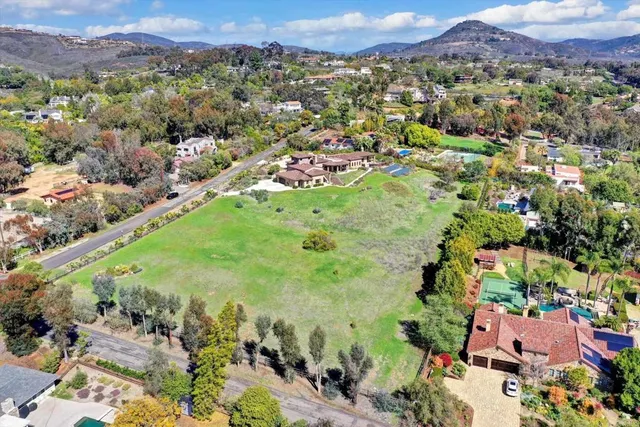 an aerial view of residential houses with outdoor space and trees