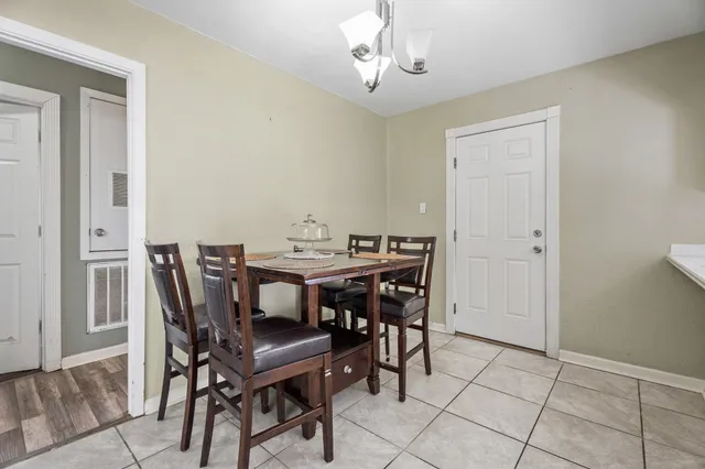 a view of a dining room with furniture