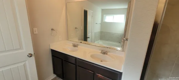 a bathroom with a sink a mirror and a shower