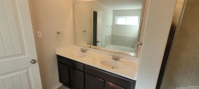 a bathroom with a sink a mirror and a shower