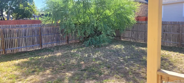 a view of a backyard with plants and wooden fence