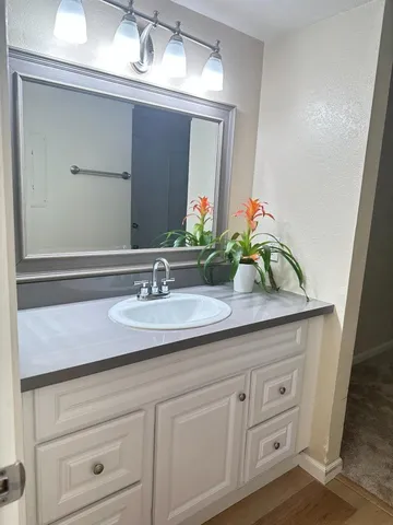 a bathroom with a sink and a mirror
