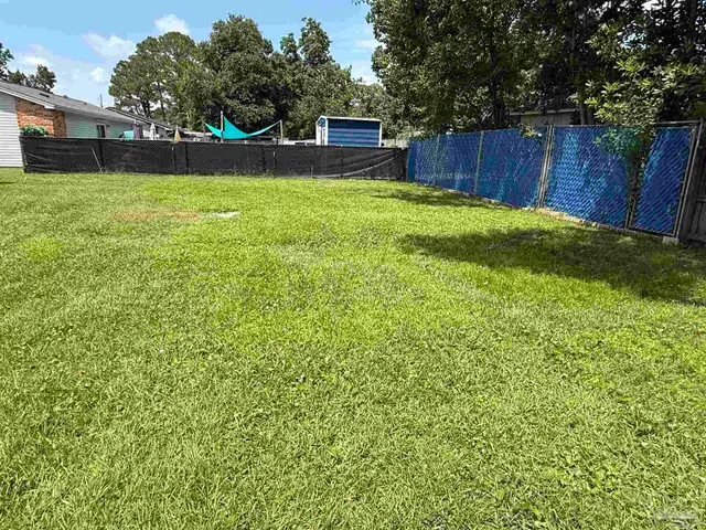 a view of a backyard with a plants and wooden fence