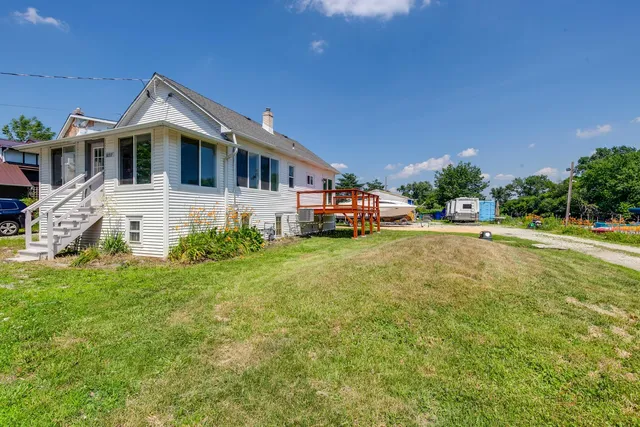 a view of a lake with a swimming pool