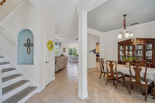 a view of a dining room with furniture
