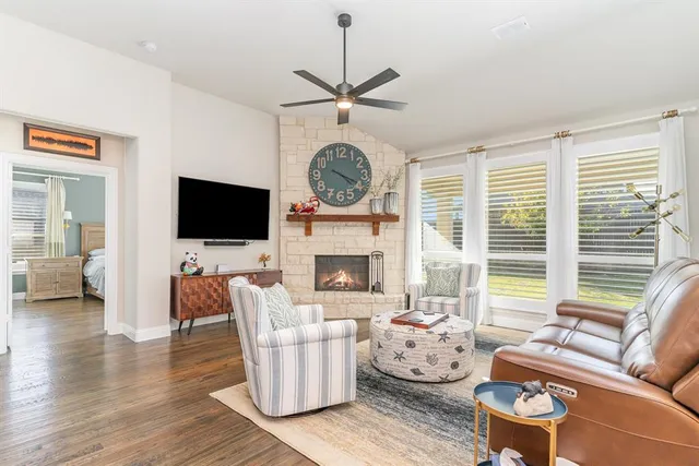 a living room with fireplace furniture and a flat screen tv