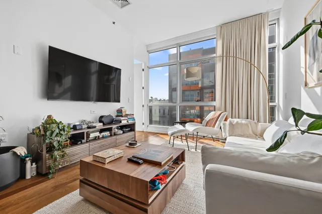 a living room with furniture and a potted plant