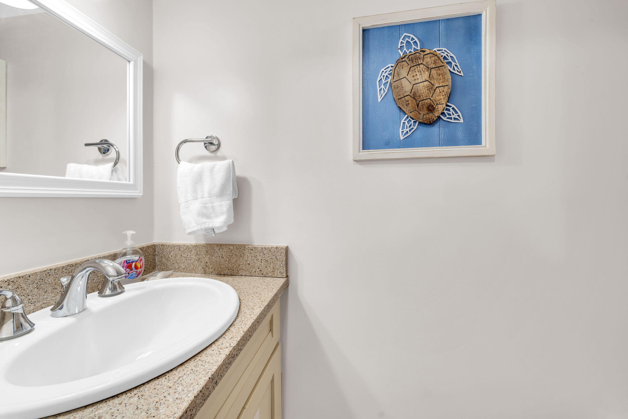 4984 West County Highway 30A, Unit 4B Santa Rosa Beach, FL 32459 - Photo 28 of 37 a bathroom with a granite countertop sink and a mirror