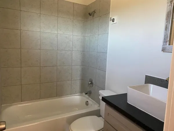 a bathroom with a bathtub and a toilet