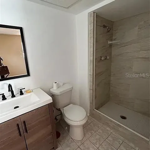 a bathroom with a toilet a sink a shower and mirror