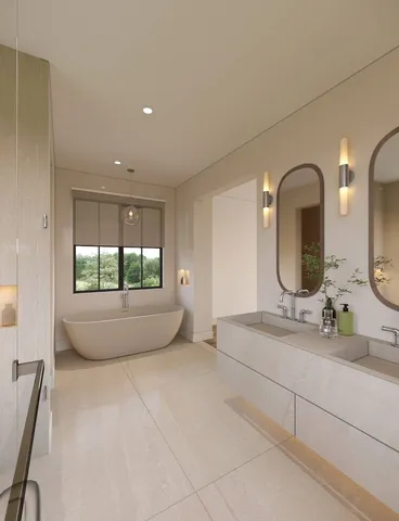 a spacious bathroom with a double vanity sink and mirror with bathtub