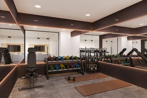 a room with lots of chairs and mirrors