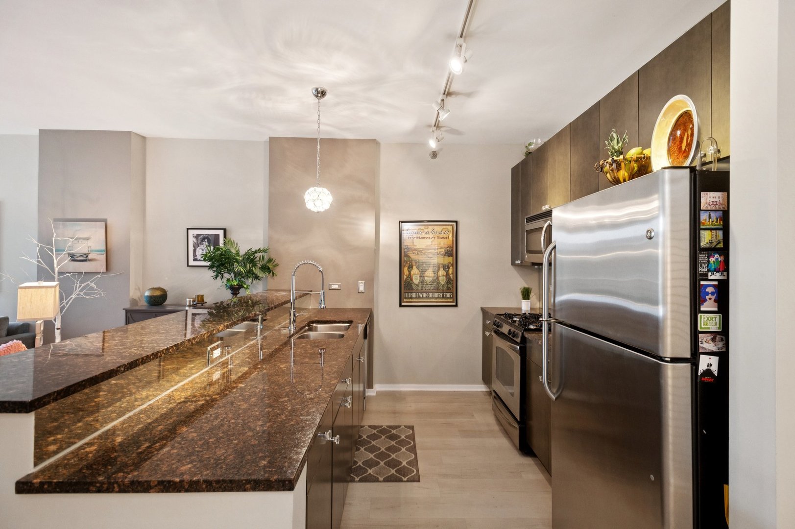 123 South Green Street, Unit 409B Chicago, IL 60607 - Photo 8 of 16 a kitchen with stainless steel appliances granite countertop a refrigerator and a sink