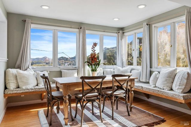 a view of a dining room with furniture window and outside view