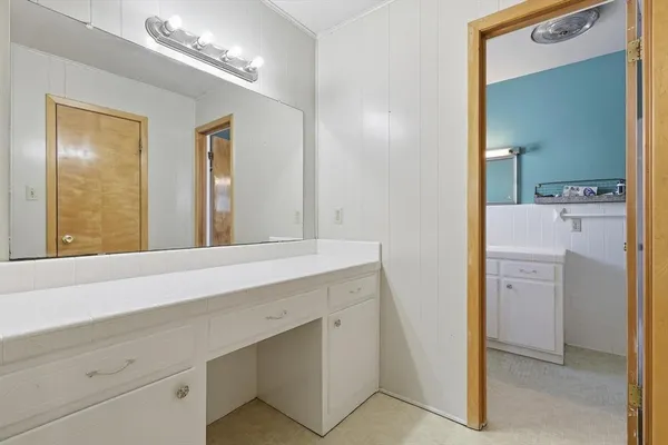 a bathroom with a sink vanity and a mirror