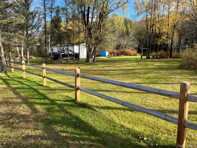 a view of a park with large trees