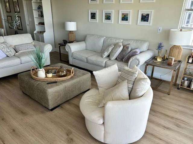 a living room with furniture rug and lamp