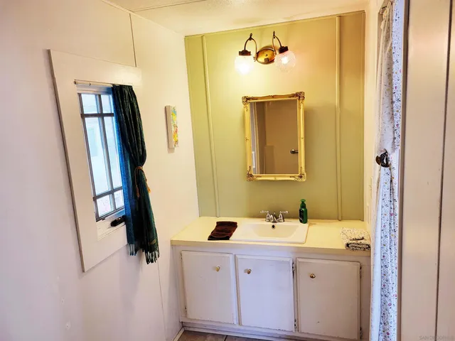 a bathroom with a sink a mirror a vanity and a shower
