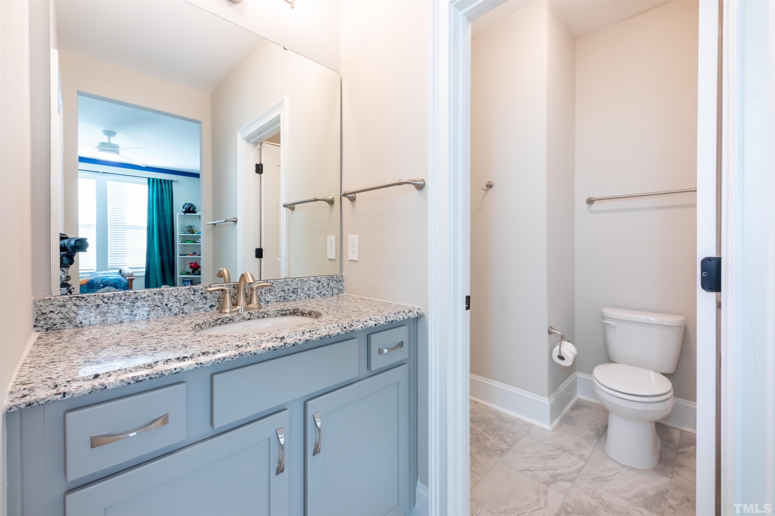 456 Adkins Ridge Road Rolesville, NC 27571 - Photo 19 of 38 a bathroom with a granite countertop sink a toilet and a mirror